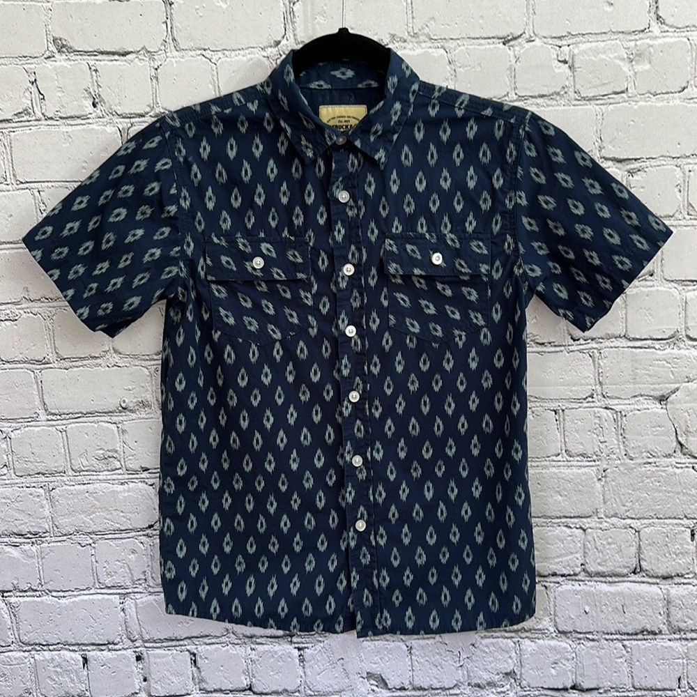 Boy’s M 10/12 Navy Blue Ikat Print Short Sleeve Button Up Dress Shirt Roebuck